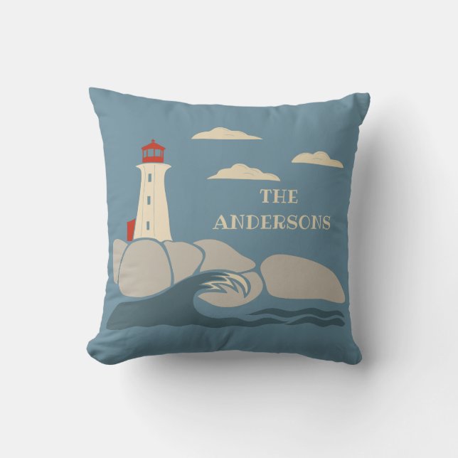 Lighthouse on a Rocky Coast Seaside Throw Pillow (Front)