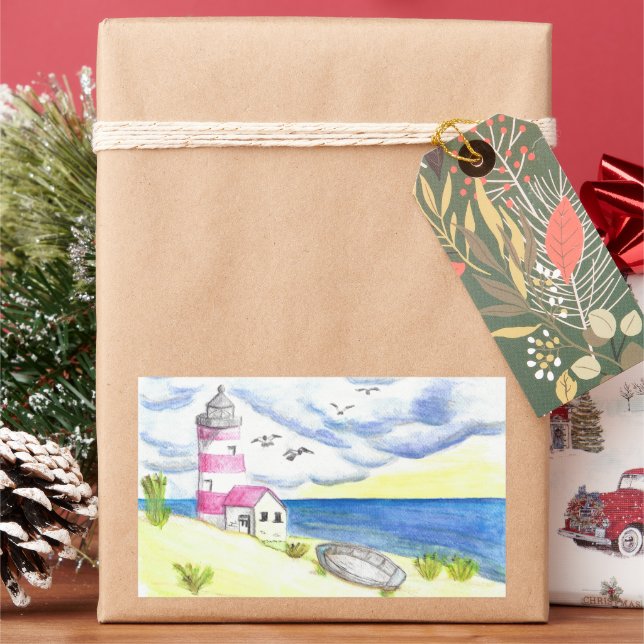 Lighthouse on beach classic sticker (Holiday)
