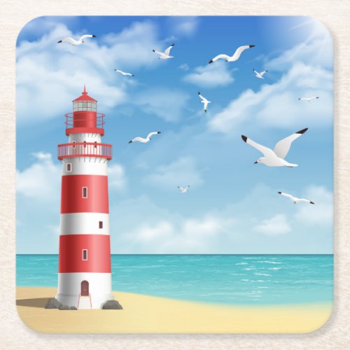 Lighthouse On Beach Square Paper Coaster