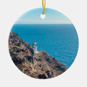 lighthouse on cliff blue ocean Hawaii Ceramic Ornament