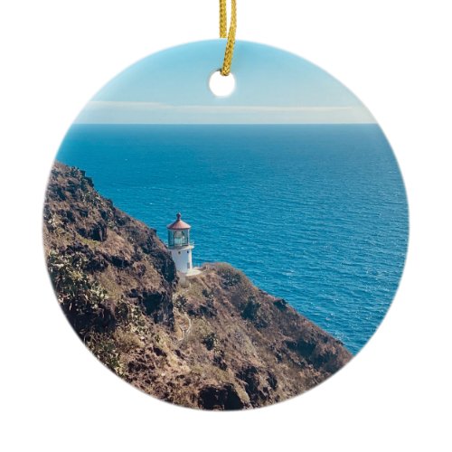 lighthouse on cliff blue ocean Hawaii Ceramic Ornament