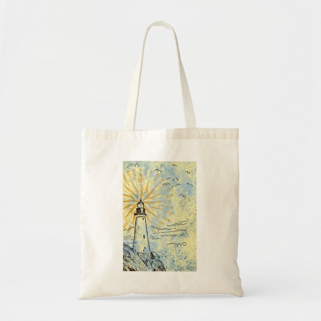 Lighthouse on cliff, ocean sea spray, seagulls tote bag (Front)