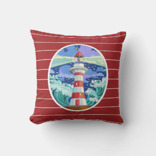 Lighthouse, on Crimson Red with pinstripes Throw Pillow