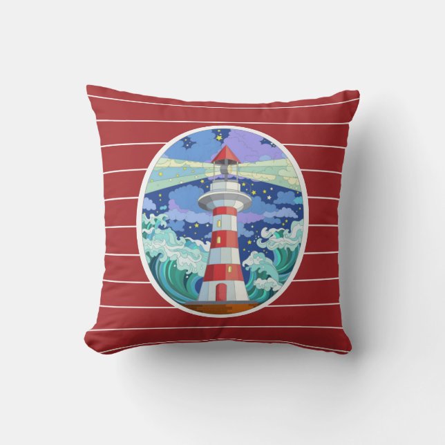 Lighthouse, on Crimson Red with pinstripes Throw Pillow (Front)