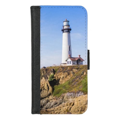 Lighthouse on hill blue sky white house ocean iPhone 87 wallet case