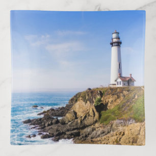 Lighthouse on hill blue sky white house ocean trinket tray