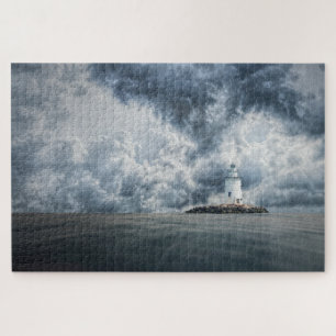 Lighthouse on island storm clouds fine art jigsaw puzzle