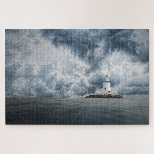 Lighthouse on island storm clouds fine art jigsaw puzzle