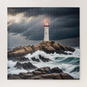 Lighthouse On Ocean Rocks Jigsaw Puzzle