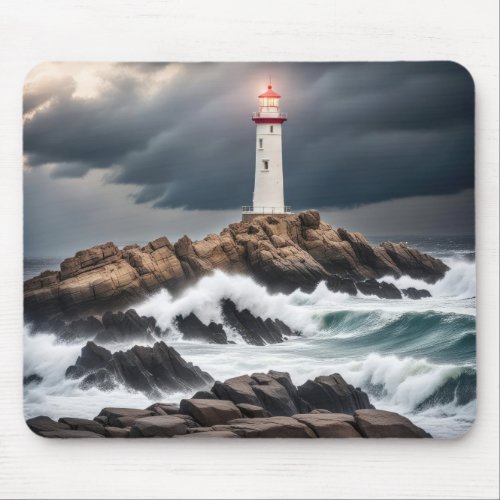 Lighthouse On Ocean Rocks  Mouse Pad