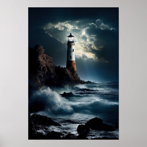 Lighthouse on Rocky Cliff with Waves Crashing Poster