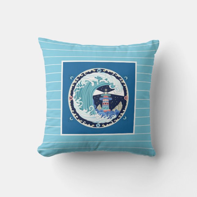 Lighthouse, on shades of blues with pinstripes throw pillow (Front)