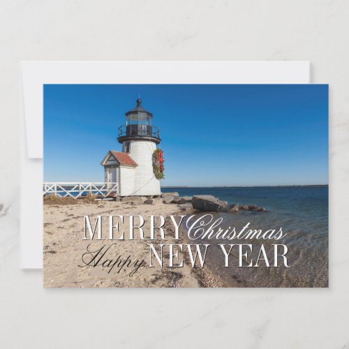 Lighthouse on the Beach with a Christmas Wreath Holiday Card