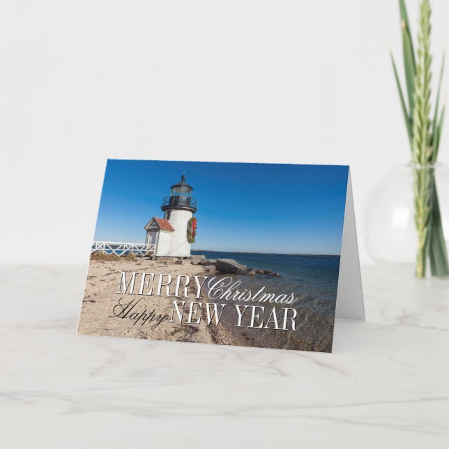 Lighthouse on the Beach with a Christmas Wreath Holiday Card (Front)