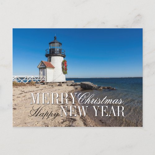 Lighthouse on the Beach with a Christmas Wreath Holiday Postcard