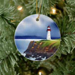 Lighthouse on the Cliffs Watercolor Personalized  Ceramic Ornament