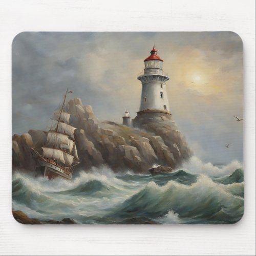 Lighthouse On The Rocks Mouse Pad