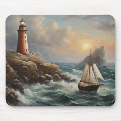 Lighthouse On The Rocks Mouse Pad