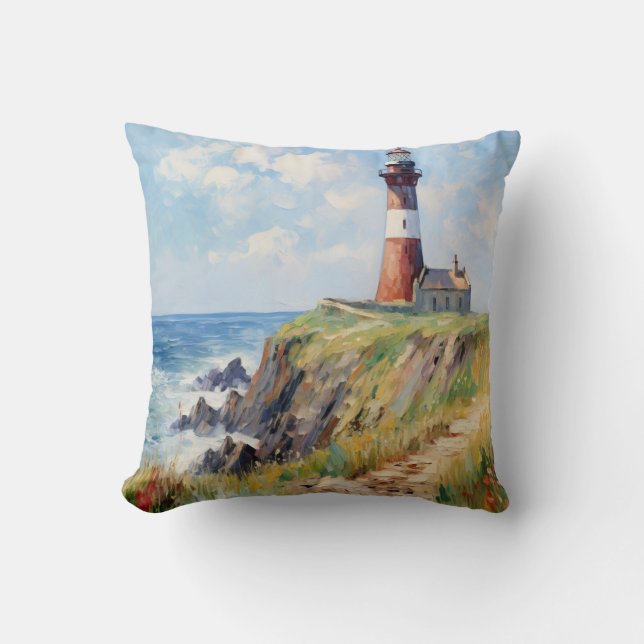 Lighthouse On The Scenic Coast - Impressionist Art Throw Pillow (Front)