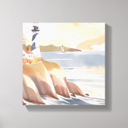 Lighthouse on the Shore | Watercolor Ocean Canvas Print