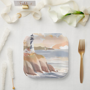 Lighthouse on the Shore Watercolor Ocean Paper Plates