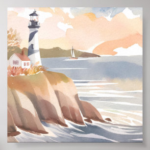 Lighthouse on the Shore Watercolor Ocean Poster