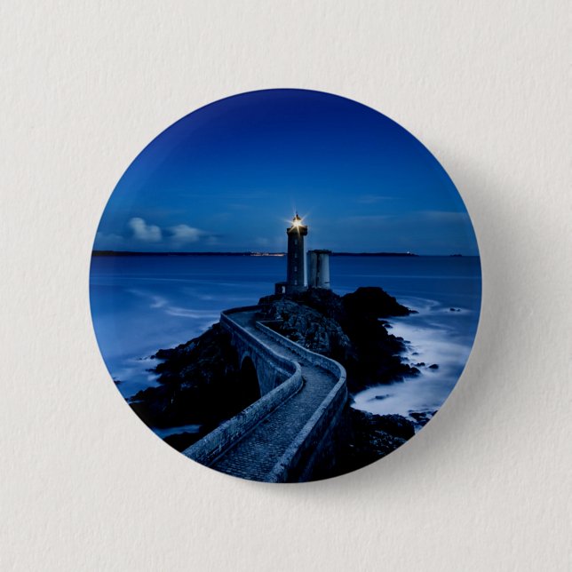 Lighthouse on wall in ocean at night button (Front)