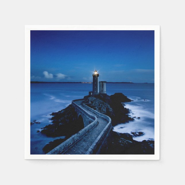 Lighthouse on wall in ocean at night napkins (Front)