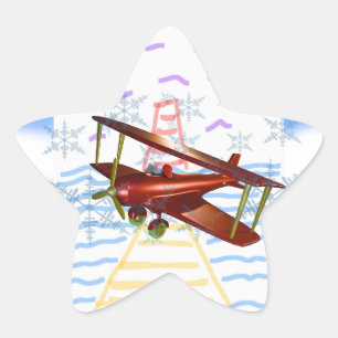 Lighthouse Pier Biplane Blue Waves Star Sticker