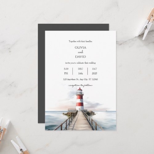 Lighthouse Pier Oceanic Scenery Nautical Wedding  Invitation