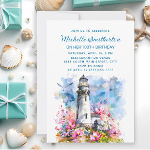 Lighthouse Pink Flowers 100th Birthday Invitation