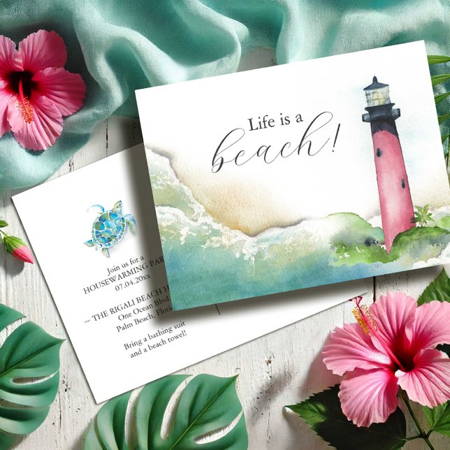 Lighthouse Postcards Housewarming Party Invites (Housewarming party invitations watercolor Jupiter Florida lighthouse postcards Victoria Grigaliuans)
