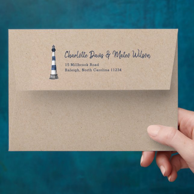 Lighthouse Return Address Kraft Wedding Envelope (Hand)