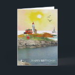 Lighthouse Rocks Calm Coastal Scene Card<br><div class="desc">Happy Birthday -- scenic Maine-like coastal image with sun shining; birds flying -- lighthouse -- for him or her -- a peaceful birthday wish.</div>