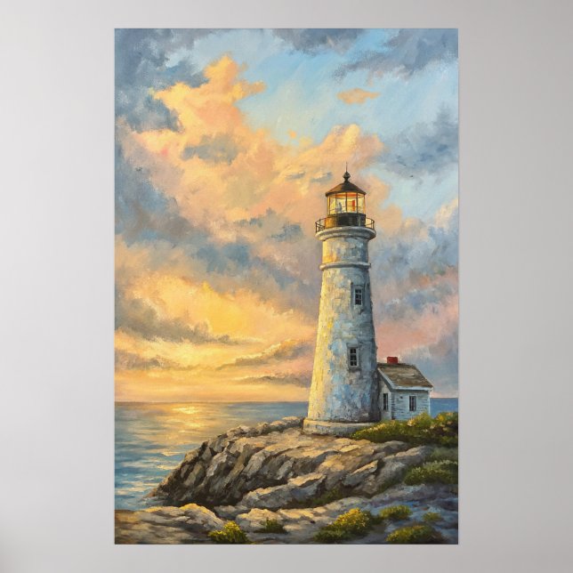 Lighthouse Rocky Coast Sunset. Poster (Front)