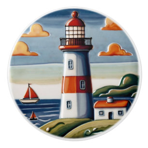 Lighthouse & Sail boats Seaside ocean sea themed Ceramic Knob