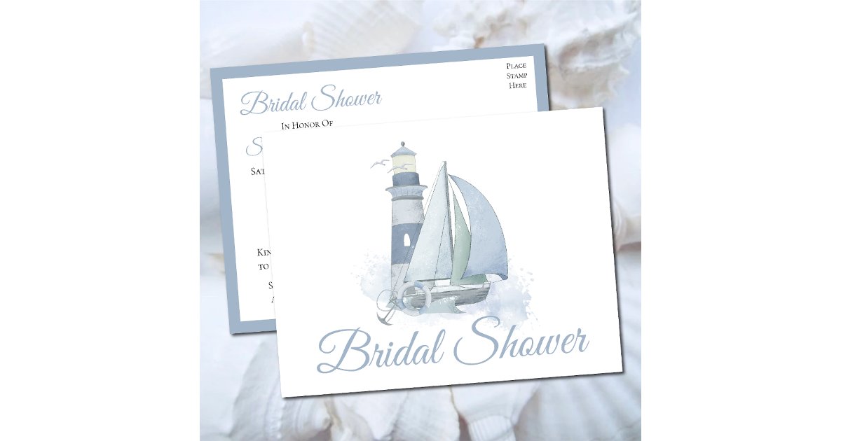 Lighthouse Sailboat Blue Nautical Bridal Shower Invitation Postcard ...