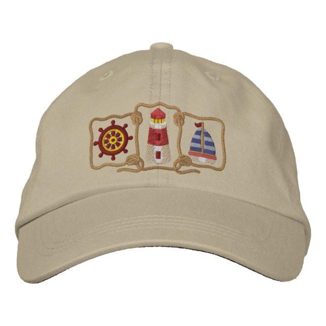 Lighthouse & Sailboat Embroidered Baseball Hat (Front)