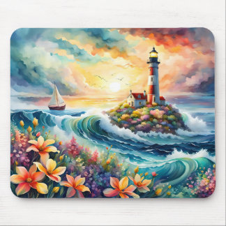 Lighthouse Sailboat Floral Beauty Watercolor Mouse Pad