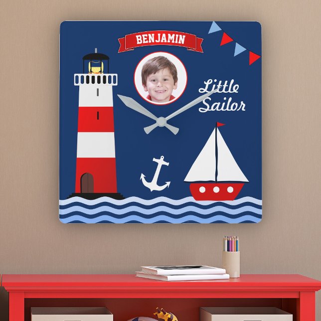 Lighthouse Sailboat Name Photo Nautical Kids Room Square Wall Clock (Creator Uploaded)