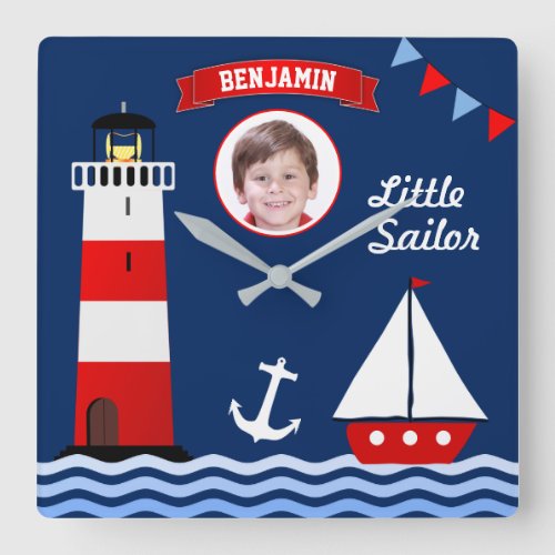 Lighthouse Sailboat Name Photo Nautical Kids Room Square Wall Clock