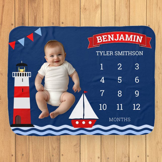 Lighthouse Sailboat Nautical Monthly Milestone Baby Blanket (Creator Uploaded)