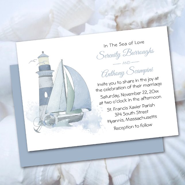 Lighthouse Sailboat Watercolor Nautical Wedding Invitation (Creator Uploaded)