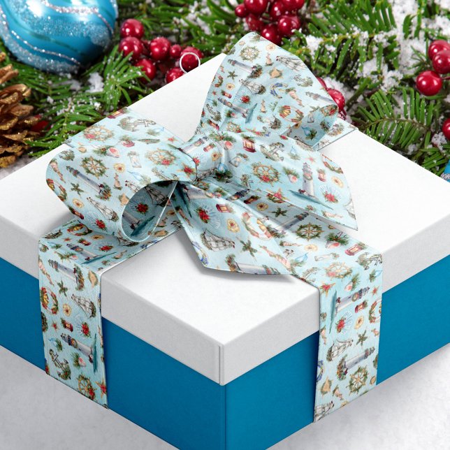 Lighthouse Sailing Ships Christmas Nautical Ocean Satin Ribbon (Creator Uploaded)