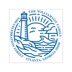 Lighthouse & Sea Round Family Name Return Address Self-inking Stamp