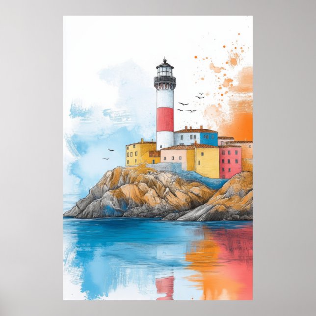 Lighthouse Seacoast Illustration Pastel Drawing Poster (Front)