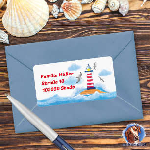 lighthouse & seagulls - hand painting maritime label