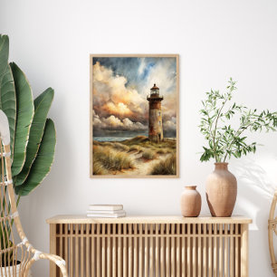 Lighthouse Seashore Coastal Watercolor Painting Poster