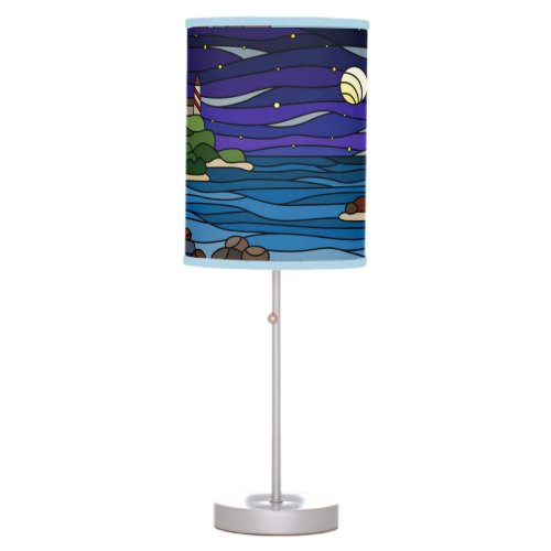 Lighthouse Seashore Under Night Sky Moon Stars   Table Lamp