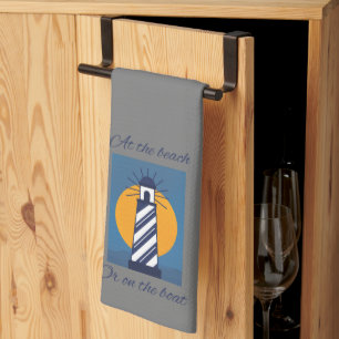 Lighthouse Sign with Beach & Boat Statements Kitchen Towel